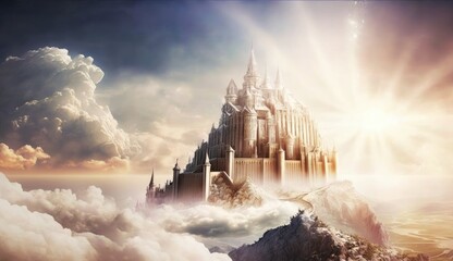 Abstract kingdom of heaven. Palace in the sky. Castle in the sky with sunset rays. - obrazy, fototapety, plakaty