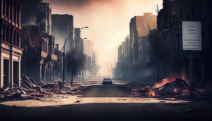 A post-apocalyptic ruined city. Destroyed buildings, burnt-out vehicles and ruined roads.