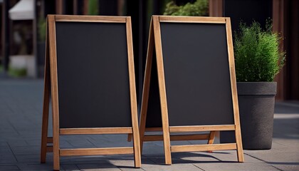Two Signboards on the street. Empty menu board stand. Restaurant sidewalk chalkboard sign board. Freestanding