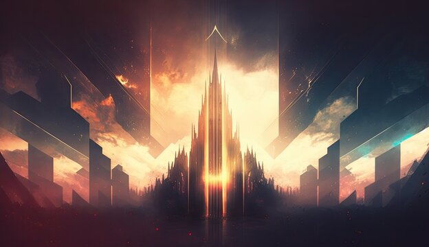 Abstract kingdom of heaven. Palace in the sky. Castle in the sky with sunset rays.