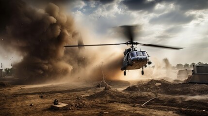 Fototapeta na wymiar Military helicopter in active combat zone. War chopper aircraft flying for the army and landing in the desert.
