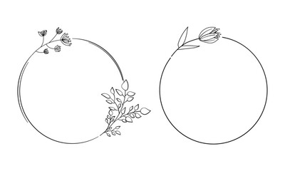 Wedding frames with flowers and branches isolated. Set of circular round floral wreaths with hand-drawn leaves for invitation card, template, postcards, logo, decoration, design, wedding, funeral.