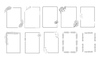 Frames with flowers and leaves isolated. Hand drawn wedding ornaments, wreaths for logo, text, card, and invitation. Collection of rectangular floral wreaths with branches and leaves.