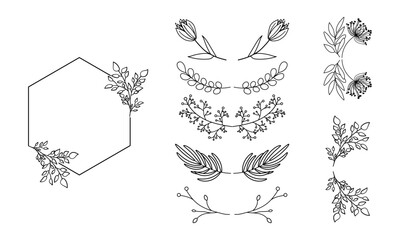 Collection of hand-drawn floral wreaths with tree branches and leaves isolated on a white background. Frames wedding, funeral invitations, cards, decorations, logos, emblems, rewards, templates. - obrazy, fototapety, plakaty