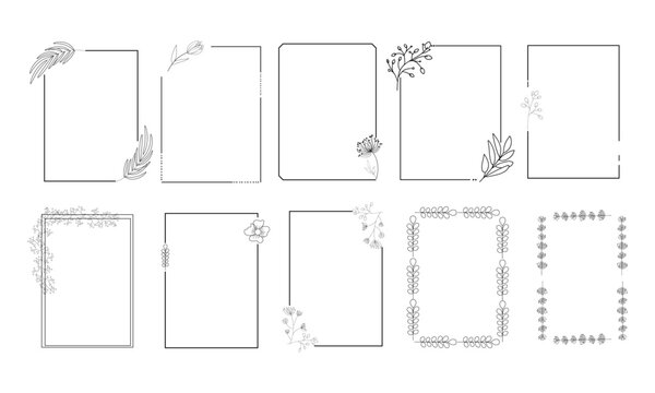 Frames with flowers and leaves isolated. Hand drawn wedding ornaments, wreaths for logo, text, card, and invitation. Collection of rectangular floral wreaths with branches and leaves.
