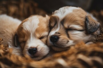 two adorable puppies cuddled up together in a cozy basket. Generative AI