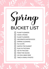 Spring bucket list. Funny things to do checklist. Seasonal activity planner page. Seasonal wish list. Easy to edit vector template