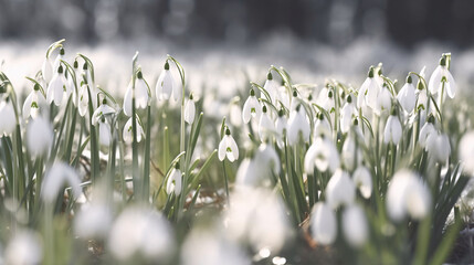 field of snowdrops close up, ai generative art, spring flowers, muted colors