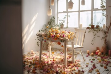 Wooden chair at flower covered table with light in plain white decor with poster. Generative AI