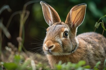 Fototapeta premium Cute pet rabbit in close up photograph on summer's lush grass. Generative AI