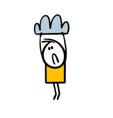 Sad stickman hangs in a depressed state on a cloud and looks down sadly.