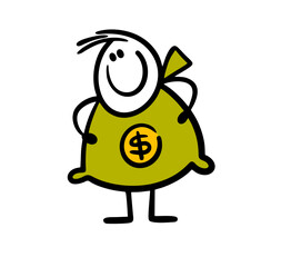 Cartoon stickman in a money bag suit with a dollar sign from the bank.