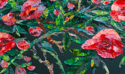 The texture of the oil painting with red poppies close-up
