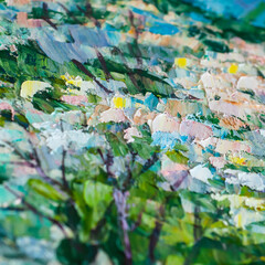 Abstract oil painting background close-up in yellow, blue and green tones