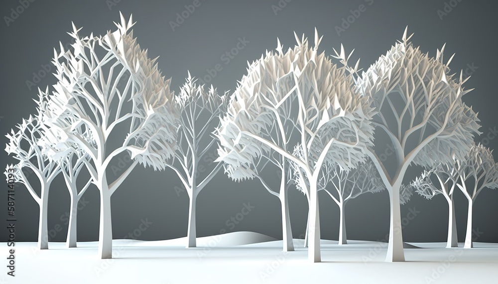 Poster there are white trees in the backdrop. generative ai