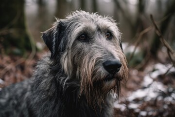 Fototapeta premium Irish wolfhound canine in the winter woodland. Generative AI