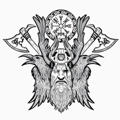 Scandinavian god Odin in viking helmet with two ravens black and white illustration 