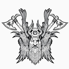 Scandinavian god Odin in viking helmet with two ravens black and white illustration 