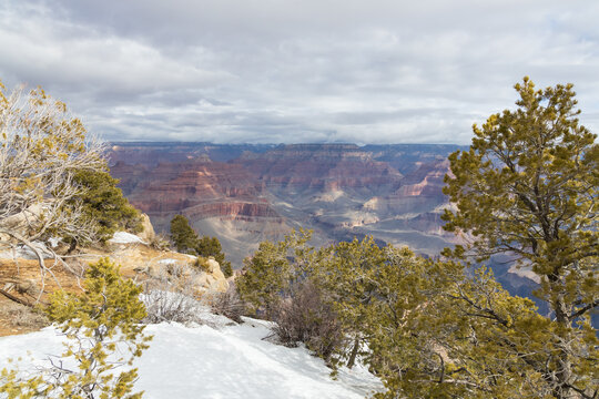 Views from the South Rim into the snowy Grand Canyon National Park, Arizona, USA