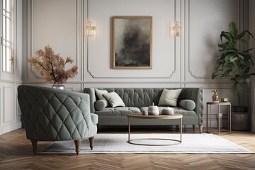 Gray bohemian sofa and armchair. Generative AI