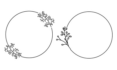 Wedding frames with flowers and branches isolated. Set of circular round floral wreaths with hand-drawn leaves for invitation card, template, postcards, logo, decoration, design, wedding, funeral.