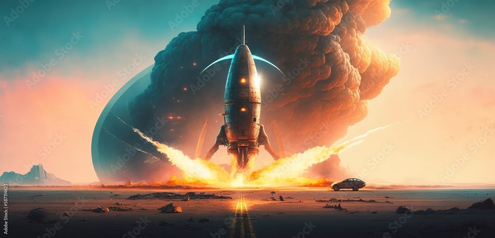 Aufkleber ufo and rocket: a visual metaphor for the arrival of extraterrestrials generative ai