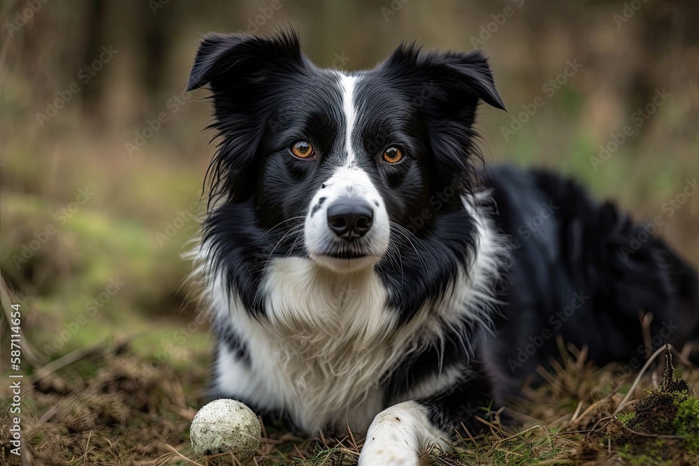 Poster A lovely black and white border Collie poses in the meadow, holding a ball in its jaws. Generative AI