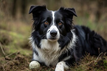 Fototapeta premium A lovely black and white border Collie poses in the meadow, holding a ball in its jaws. Generative AI