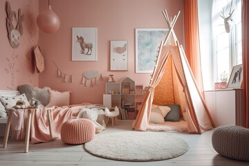 Pink curtains, poster, and pastel cushions in girl's bedroom tent. Real picture. Generative AI