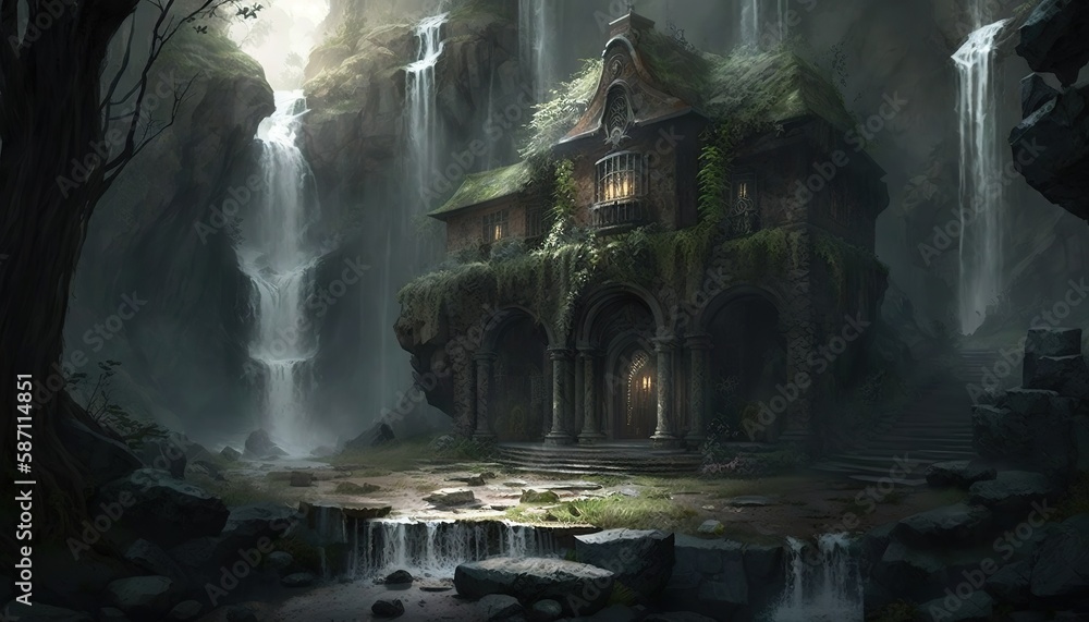 Poster background art depiction of a waterfall gushing out from behind a home in the style of elves. genera