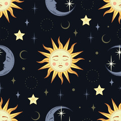 Sun and moon with face, stars seamless pattern