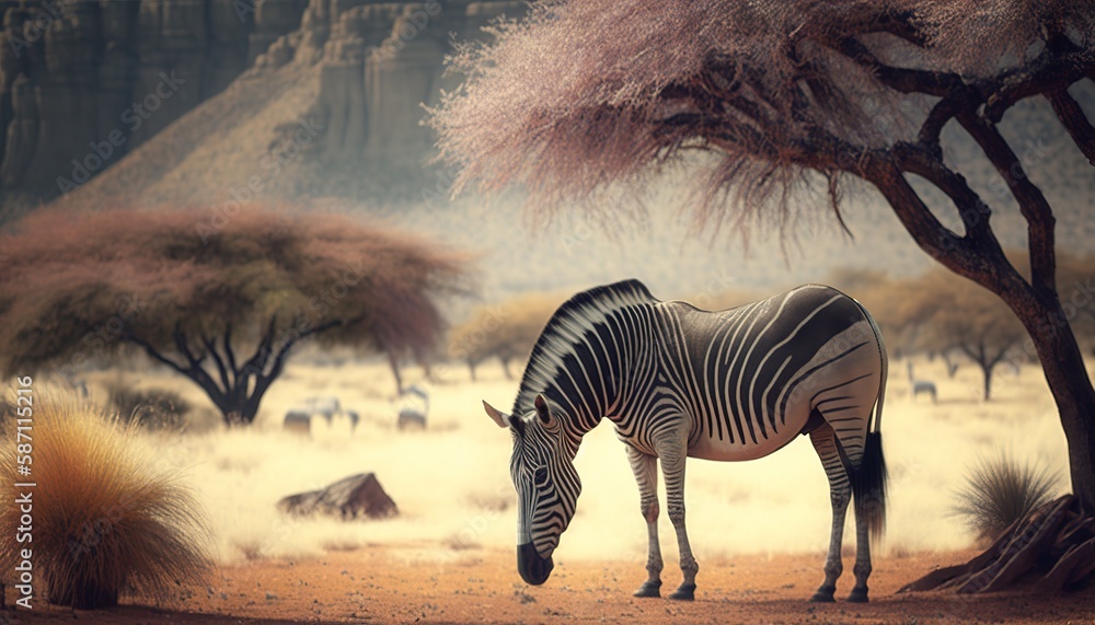 Poster an endangered grevy zebra grazes in the samburu grasslands of kenya. generative ai