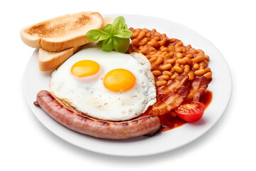 Fototapeta na wymiar traditional english breakfast dish with eggs, bacon, beans, and sausage on transparent background. generative AI