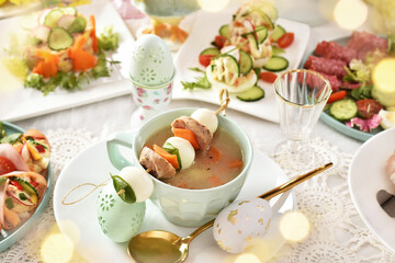 Easter table with traditional Polish dishes top view