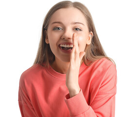 Happy young woman in red sweatshirt on white background, closeup