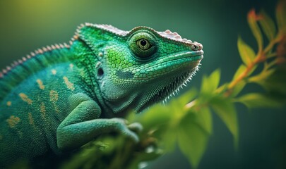 Obraz premium Green colored chameleon close up. Generative AI.