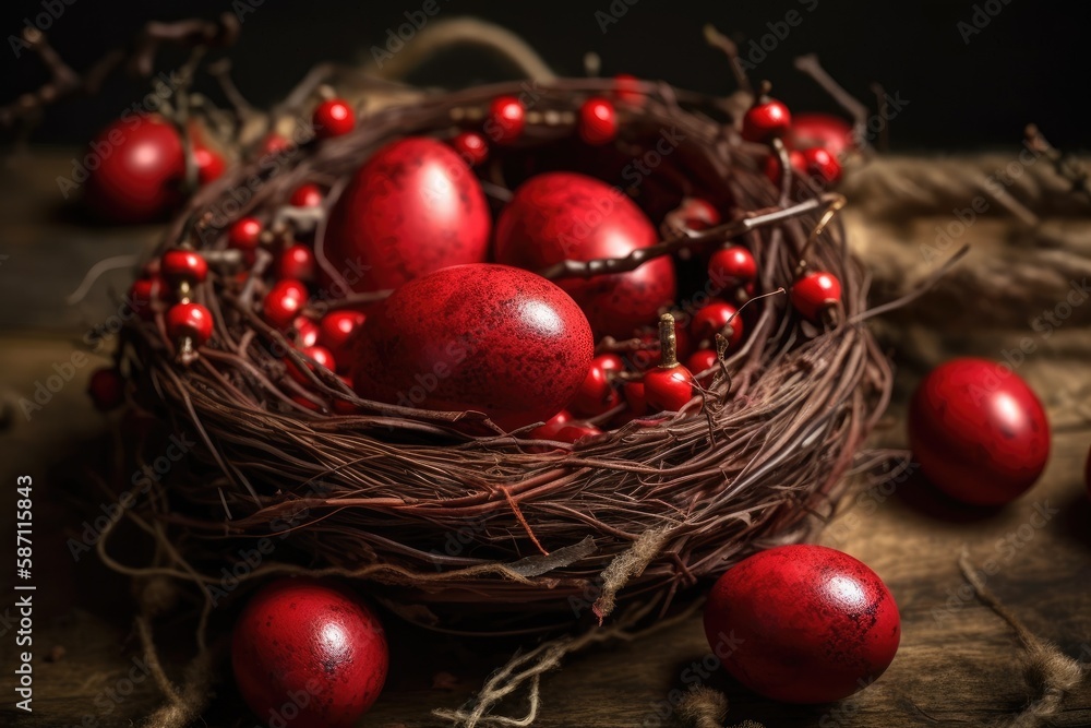 Poster nest filled with red eggs on a wooden table. generative ai