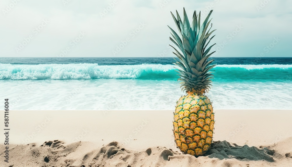 Poster cliched copy space with a pineapple on a beach generative ai