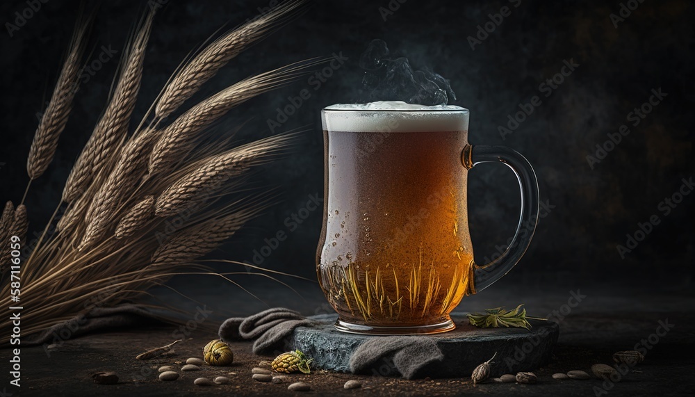 Poster on a black concrete backdrop and between two ears of wheat is a cup of unfiltered wheat beer. genera