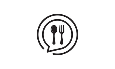 online food logo. chat with fork spoon and plate combination symbol vector illustration
