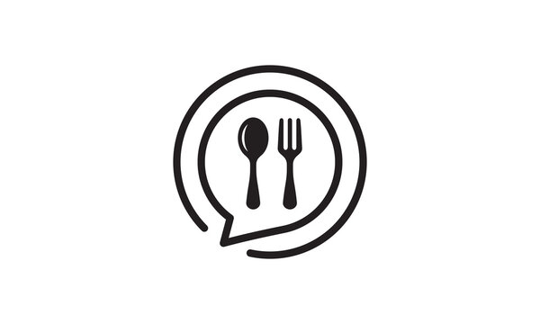 online food logo. chat with fork spoon and plate combination symbol vector illustration