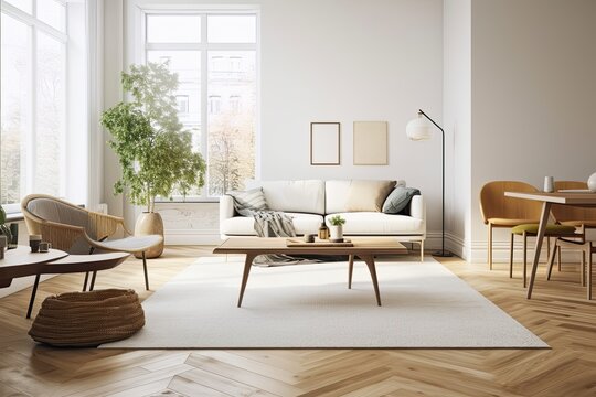 Modern Scandinavian living room furnishings include a sofa, coffee table, and plants. Stylish carpet and brown oak parquet flooring. beautiful, basic apartment. Generative AI