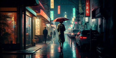 A Rain Soaked Neon Lit Metropolis Street at Night created with Generative AI