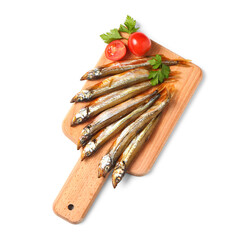 Board with delicious smoked capelin, tomatoes and parsley isolated on white background