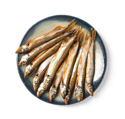 Plate with delicious smoked capelin isolated on white background