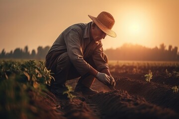 Naklejka na ściany i meble Male hands touching soil on the field during sunset. Farmer is checking soil quality before sowing Generative AI