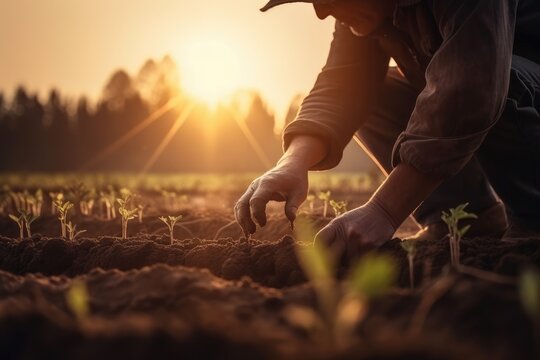 Male hands touching soil on the field during sunset. Farmer is checking soil quality before sowing Generative AI