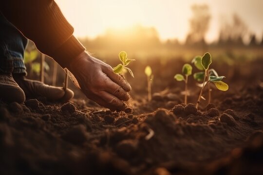 Male hands touching soil on the field during sunset. Farmer is checking soil quality before sowing Generative AI