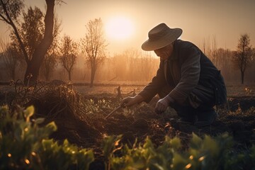 Fototapeta premium Male hands touching soil on the field during sunset. Farmer is checking soil quality before sowing Generative AI