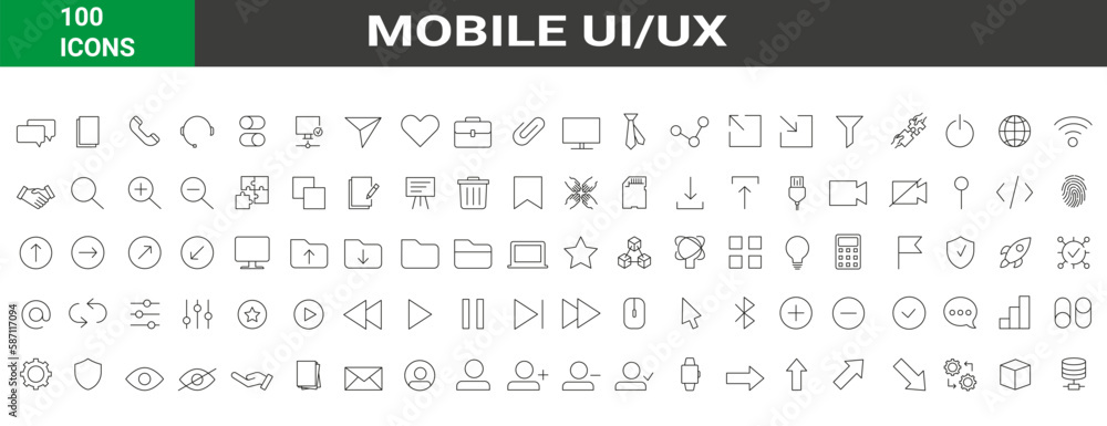 Poster set of 100 mobile ui, ux web interface icons in line style. user, profile, message, mobile app, docu